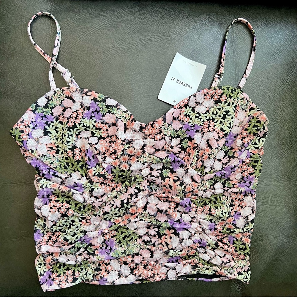 F21 mesh ruched floral spaghetti crop top